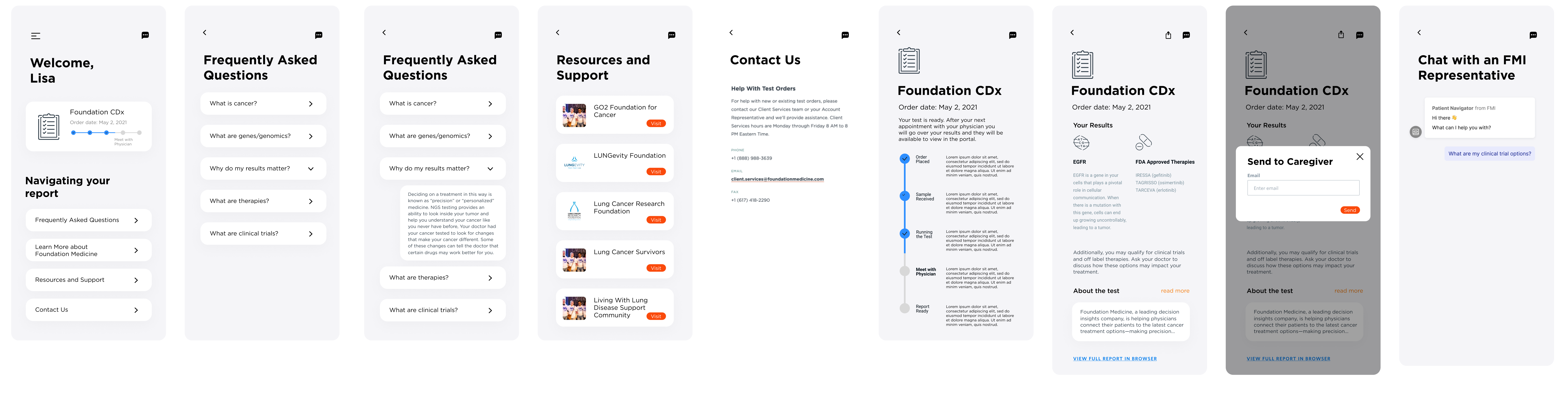 Foundation Report+ mobile app showing genomic results, FAQs, and caregiver sharing